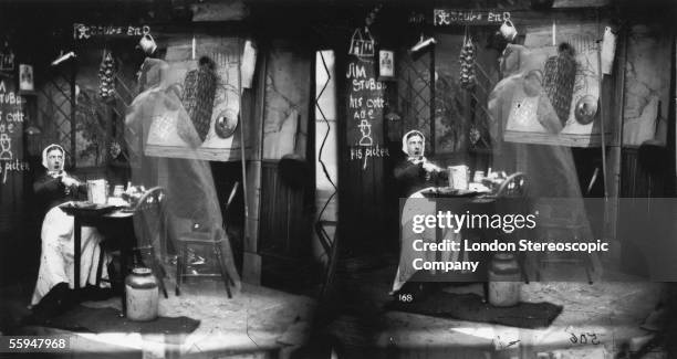 The ghost of Jim Stubbs, the previous occupant of the house, appears to a woman eating her dinner, circa 1865.