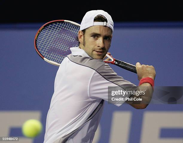 Nicolas Kiefer of Germany in action against Karol Beck of Slovakia during the first round of the ATP Madrid Masters at the Nuevo Rockodromo on...