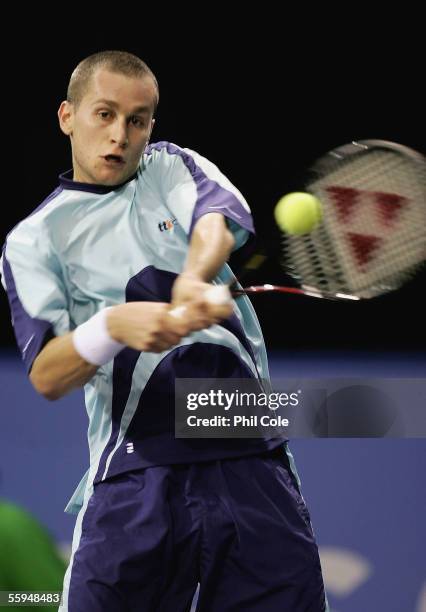 Karol Beck of Slovakia in action against Nicolas Kiefer of Germany during the first round of the ATP Madrid Masters at the Nuevo Rockodromo on...