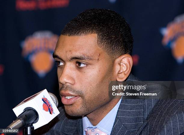New York Knick Allan Houston speaks announces his retirement during a press conference at the New York Knicks Practice Center October 17, 2005 in...
