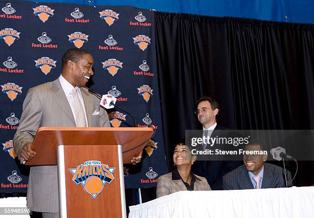 New York Knicks President of Basketball Operations Isiah Thomas speaks during press conference for aanouncing the retirement of New York Knick Allan...