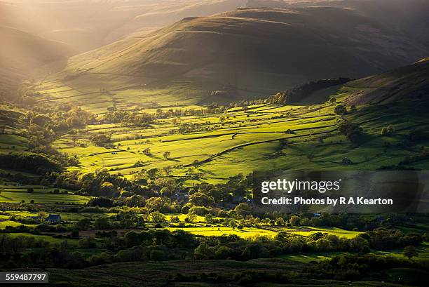 soft light on a green valley - edale stock pictures, royalty-free photos & images