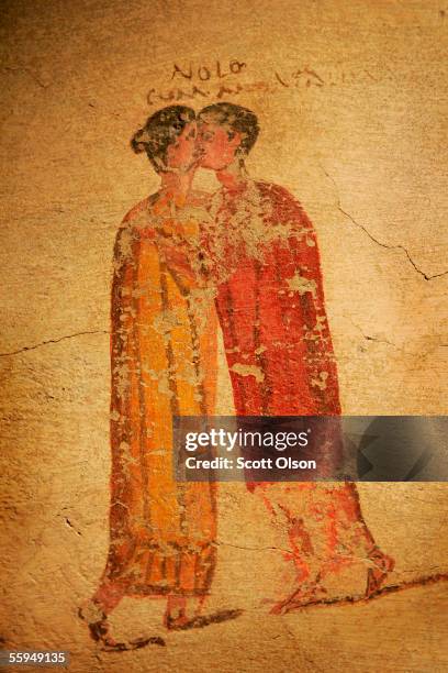 Fresco depicting a prostitute and patron is part of a traveling exhibit at the Field Museum October 18, 2005 in Chicago, Illinois. The exhibit,...