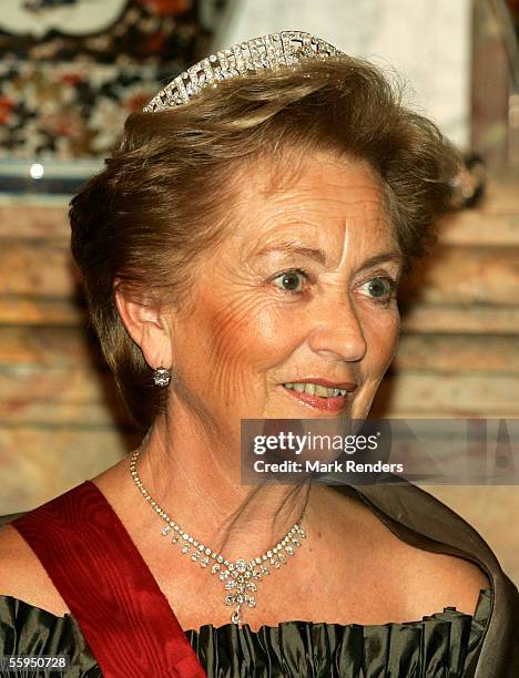 Queen Paola of Belgium poses before the gala dinner at Laeken Castle October 18, 2005 in Brussels, Belgium. Portuguese President Jorge Sampaio and...