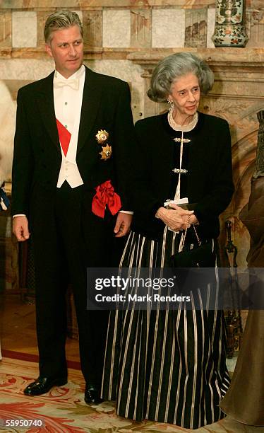 Prince Philippe and Queen Fabiola pose before the gala dinner at Laeken Castle October 18, 2005 in Brussels, Belgium. Portuguese President Jorge...