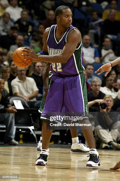 Michael Redd of the Milwaukee Bucks looks for an open pass during the preseason game against the Minnesota Timberwolves on October 12, 2005 at the...