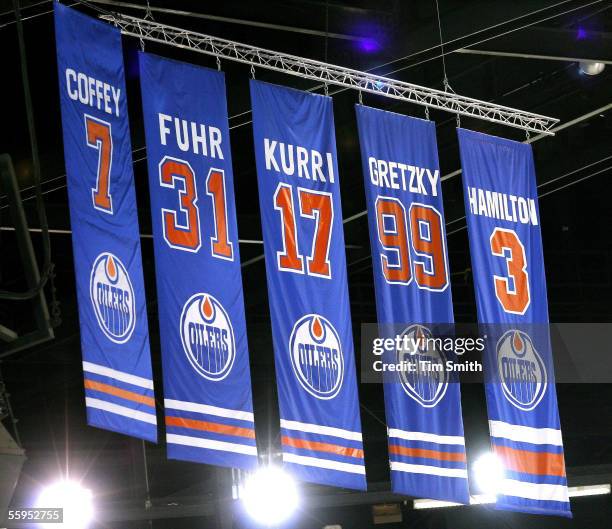 The number 7 Paul Coffey Retirement banner takes its place in the rafters beside those of Edmonton Oilers greats Grant Fuhr, Jari Kurri, Wayne...