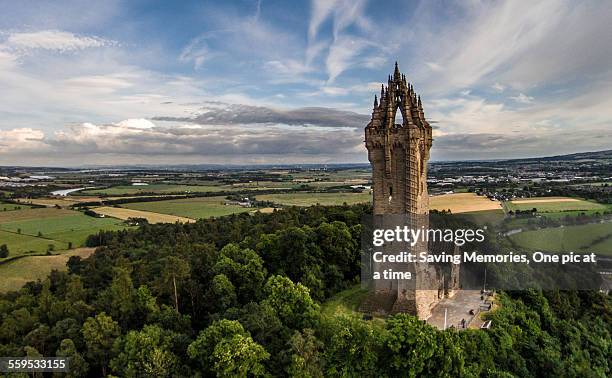 wallace monument, aerial - stirling scotland stock pictures, royalty-free photos & images