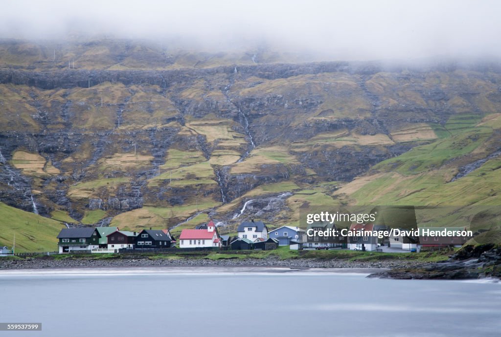 Coastal village below green cliffs, Vagar, Faroe Islands