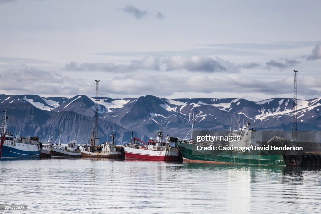 Fishing boats along craggy shore, Husavik, North Iceland