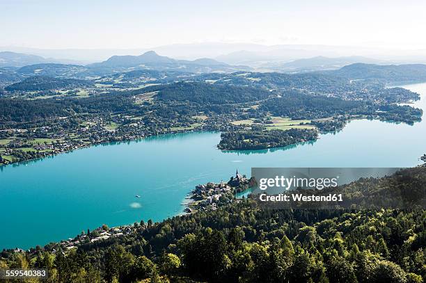 austria, carinthia, maria worth at lake worthersee, view from pyramidenkogel - kärnten am wörthersee stock pictures, royalty-free photos & images
