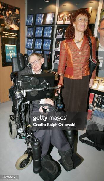 Professor Stephen Hawking and his wife Elaine Mason attend the international bookfair on October 19, 2005 in Frankfurt, Germany. South Korea is the...