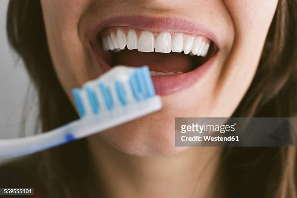 young woman brushing teeth - toothbrush imagens e fotografias de stock