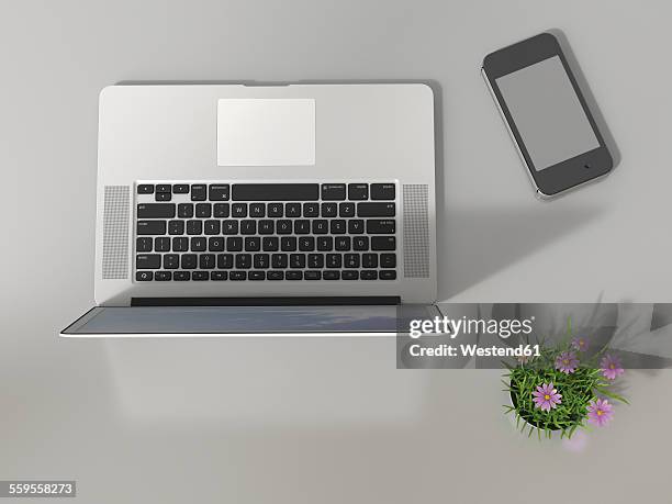 laptop, smartphone and flowerpot on tabletop, 3d rendering - cool office stock illustrations