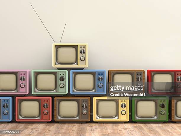 stockillustraties, clipart, cartoons en iconen met 3d rendering, old tv sets - tv on wall