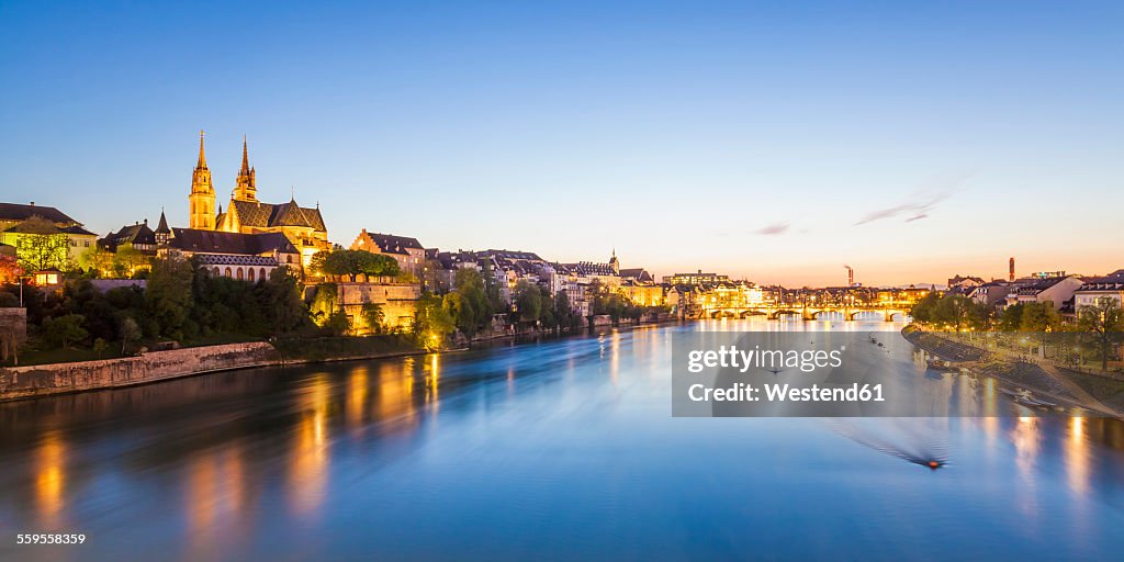 Switzerland, Basel, city view and Rhine at dusk