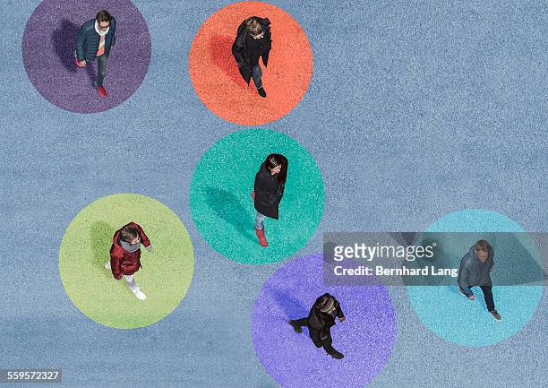 six young people walkining, aerial views - medium group of people stock pictures, royalty-free photos & images