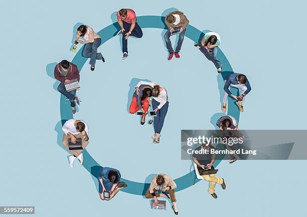 young people using technologies, aerial views - large group of people stock pictures, royalty-free photos & images