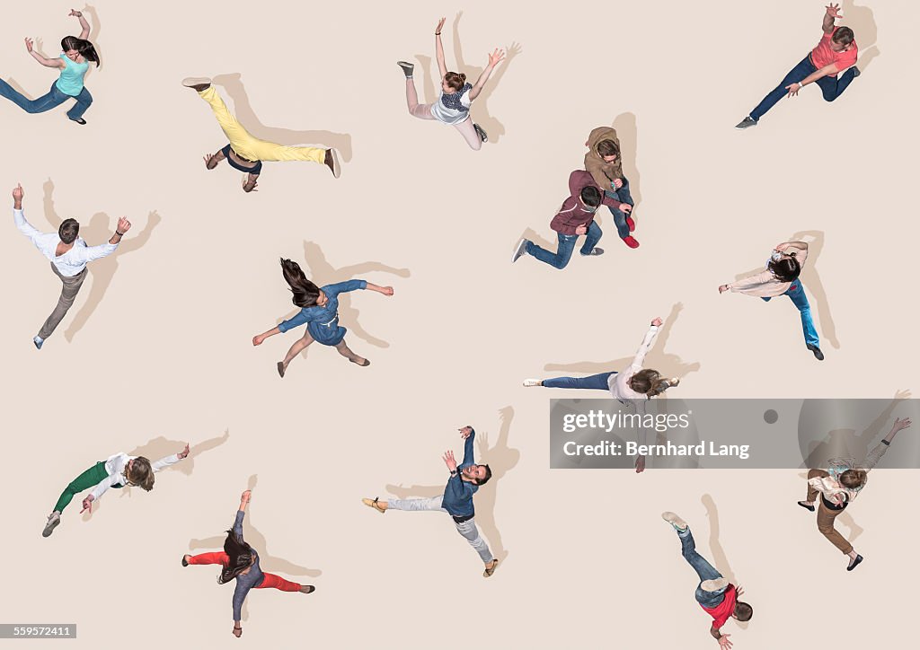 Young people jumping like dancers, Aerial Views