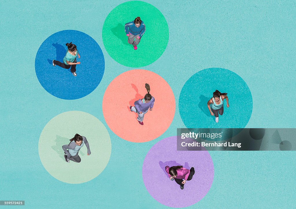 Six young women running, Aerial Views