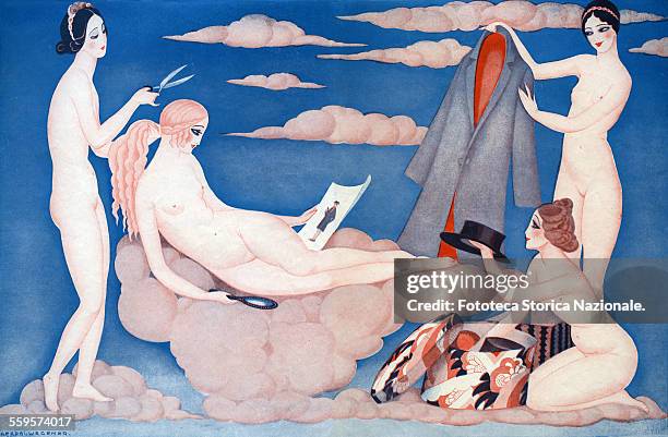 The toilet of Venus in 1925: she wears her long hair typically female and is wearing male clothing. Illustration by Gerda Wegener for the amusing...