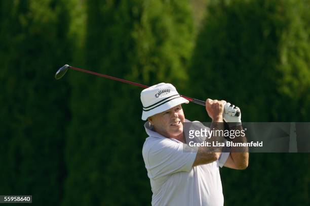Jim Colbert hits a shot during the third round of the Jeld-Wen Tradition on August 27, 2005 at The Reserve Vineyards and Golf Club in Aloha, Oregon.
