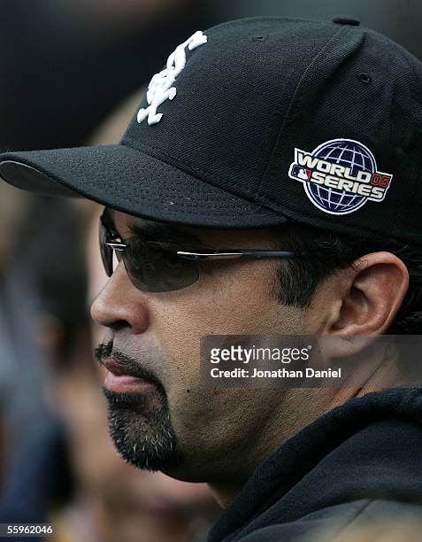 Manager Ozzie Guillen of the Chicago White Sox talks with members of the media during a workout on October 19, 2005 at U.S. Cellular Field in...