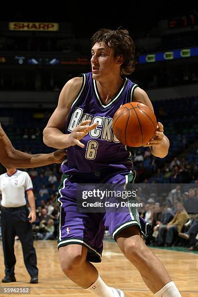 Andrew Bogut of the Milwaukee Bucks with the ball during the preseason game against the Minnesota Timberwolves on October 12, 2005 at the Target...