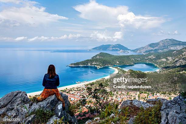 watching oludeniz from lycian way - the lycian way in turkey stockfoto's en -beelden