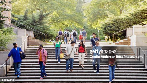 college students descending stairs - campus stock-fotos und bilder