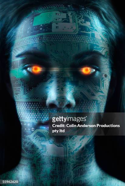 headshot of robotic woman - bionics research stock-fotos und bilder
