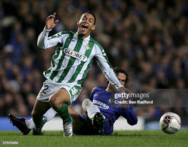 Ricardo Carvalho of Chelsea tackles Ricardo Oliveira of Real Betis during the UEFA Champions League Group G match between Chelsea and Real Betis at...