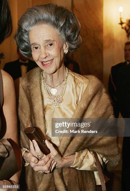 Queen Fabiola of Belgium arrives at a reception at the Cercle Gaulois in Brussels on October 19, 2005 in the Belgian capital Brussels. The Portuguese...