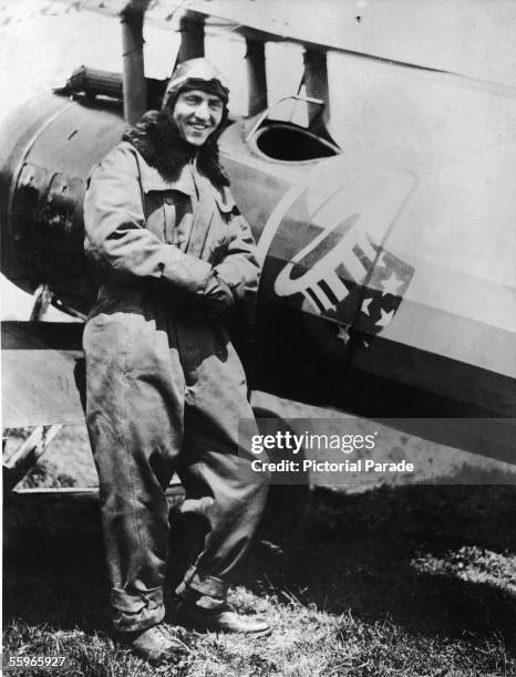 American fighter pilot Eddie Rickenbacker , a commanding officer in the US 94th Aero Pursuit Squadron, poses next to his Nieuport 28 N6169 during...