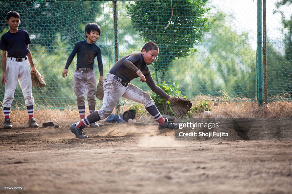 Fielding practice in baseball