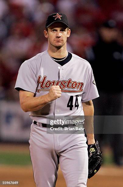 Starting pitcher Roy Oswalt of the Houston Astros shows emotion as he celebrates striking out Reggie Sanders St. Louis Cardinals looking with a...