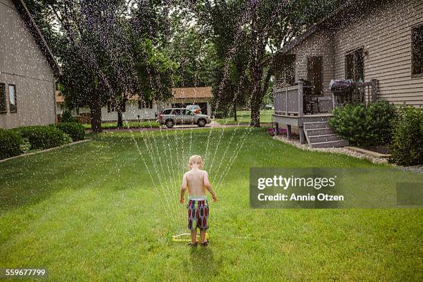 little boy and sprinkler - annie sprinkle stock pictures, royalty-free photos & images