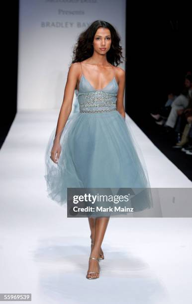 Model walks the runway at the Bradley Bayou Spring 2006 show during Mercedes-Benz Fashion Week at Smashbox Studios on October 19, 2005 in Culver...