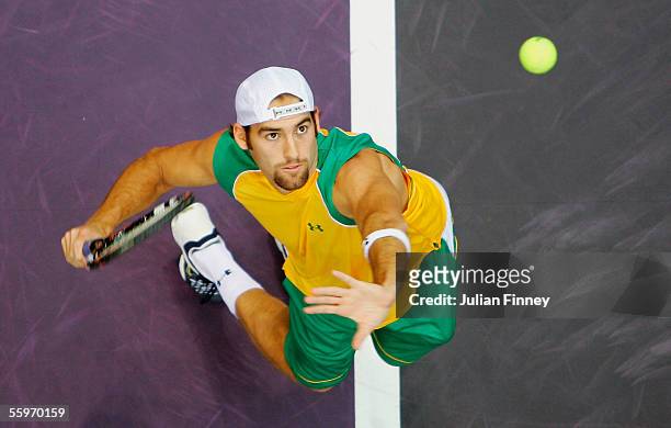 Robby Ginepri of USA in action against Nikolay Davydenko of Russia in the third round of the ATP Madrid Masters at the Nuevo Rockodromo on October...