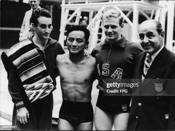 The winners of the 1948 Olympic Men's 10m Platform Diving competition, London, England, August 5, 1948. From left, bronze-medal winner Mexican...