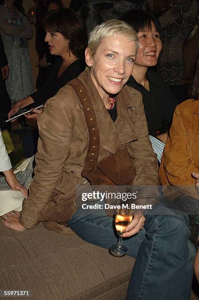 Annie Lennox attends the private view for Julian Schnabel's "Pintura Del Figlo XXI", his first show in 6 years, at 38 Dover Street on October 19,...