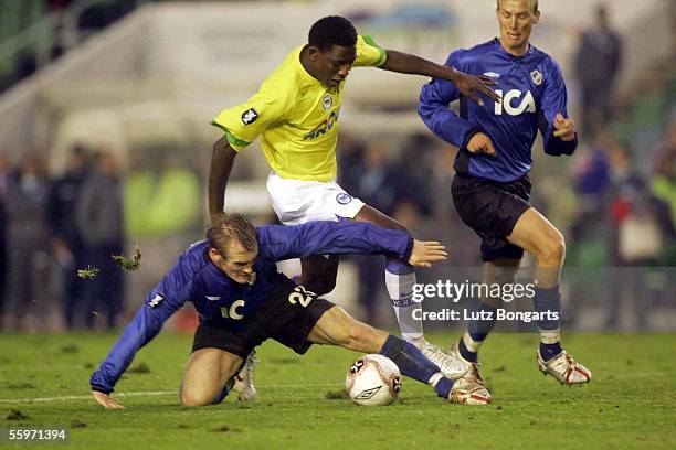 Emil Jensen steals the ball from Kevin Prince Boateng of Berlin during the UEFA Cup Group C match between Halmstads BK and Hertha BSC Berlin at the...