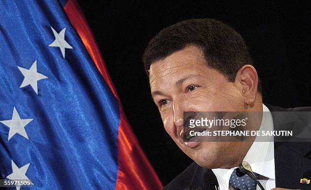 President of Venezuela Hugo Chavez gives a press conference after a meeting with French politicians 20 October 2005 in Paris. Chavez stays in France...