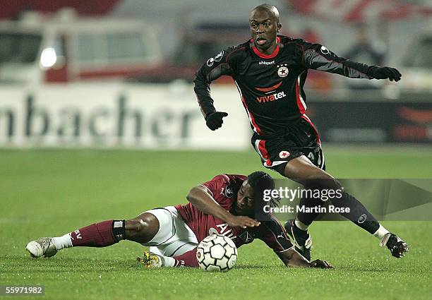 Emile Mpenza of Hamburg and Tiago Silva of Sofia fight for the ball during the UEFA Cup Group A match between CSKA Sofia and Hamburger SV at the...