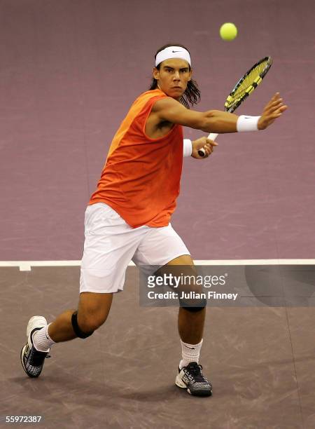 Rafael Nadal of Spain in action against Tommy Robredo of Spain in the third round of the ATP Madrid Masters at the Nuevo Rockodromo on October 20,...