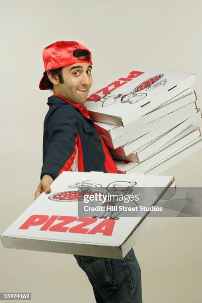 pizza delivery man - pizza delivery stock-fotos und bilder