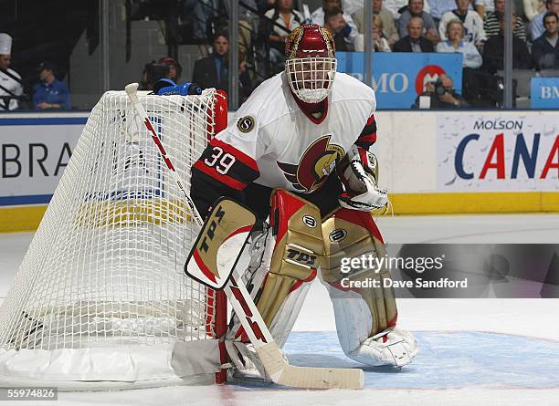 Goalie Dominik Hasek of the Ottawa Senators readies for the play against the Toronto Maple Leafs at the Air Canada Centre October 5, 2005 in Toronto,...