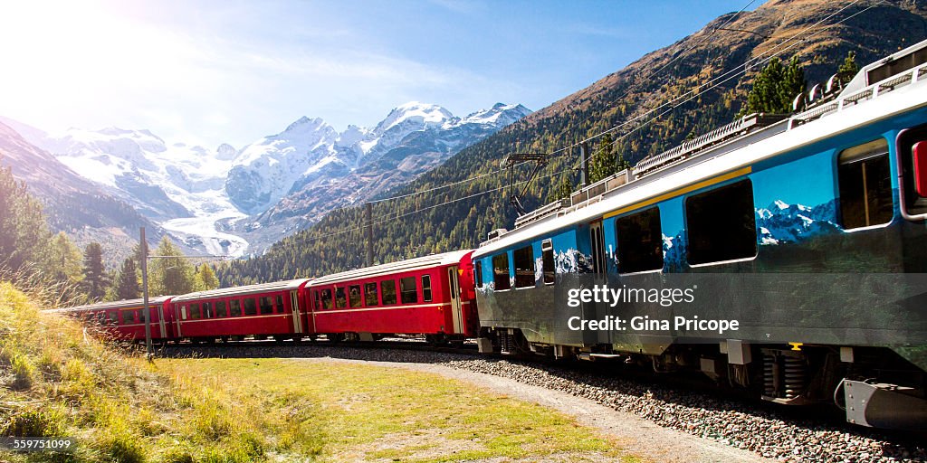 Red train and Bernina Pass view