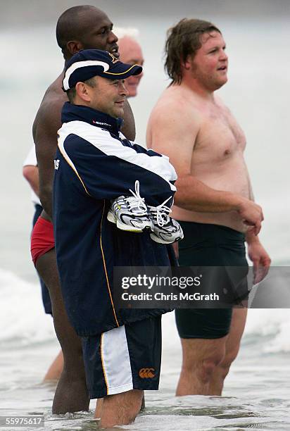 Wallabies Coach Eddie Jones watches on during the Wallabies beach training session on day three of the Wallabies Spring Training Camp held at Camp...