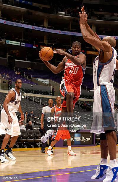 Raymond Felton of the Charlotte Bobcats goes to the hoop against the Washington Wizards on October 20, 2005 at the Staples Center in Los Angeles,...